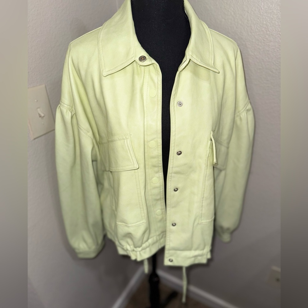 7 For All Mankind Light Green faux leather bomber jacket- Size Large
